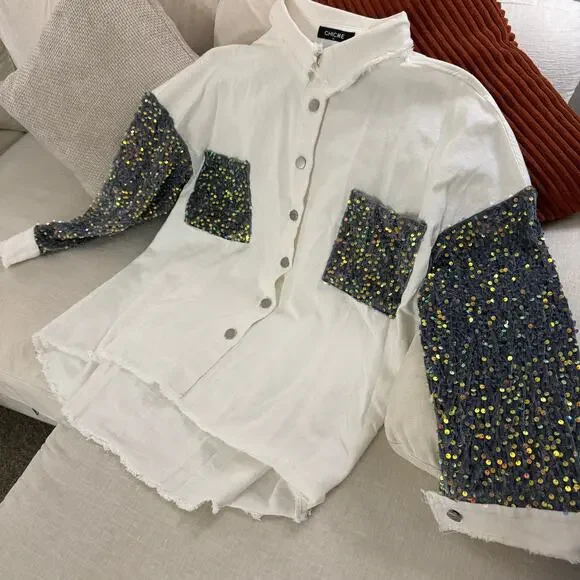 Sequin Patchwork Denim Jacket Oversized Shacket Women NEW - Picture 2 of 11